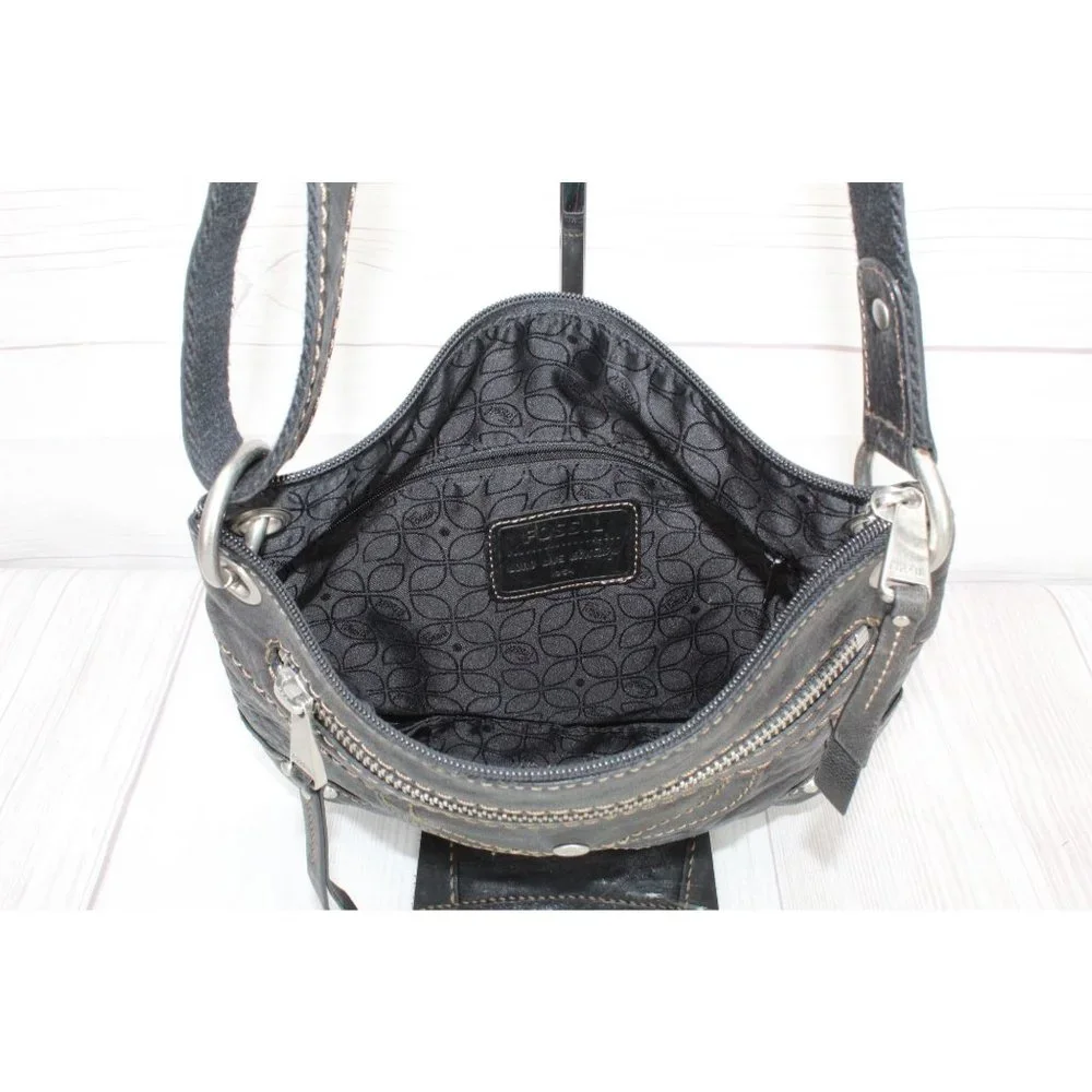 Fossil Black Leather Zip Top Crossbody Purse Shoulder Bag - Picture 7 of 9